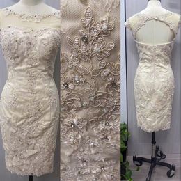 2023 Cocktail Dresses Real Image Arabic Champagne Lace Appliques Crystal Beaded Short Mini Sheath Cap Sleeves Evening Prom Party Dress Homecoming Gowns Hollow Back