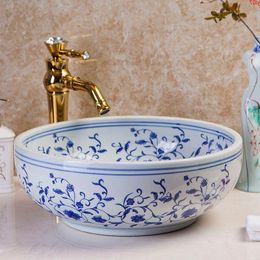 Free shipping Jingdezhen hand paint craft blue and white ceramic bathroom wash basin sinkshigh quatity Dhtge