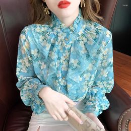 Women's Blouses Chiffon Loose Women's Blouse Fashion Casual Long Sleeve Top Flower Print Lotus Leaf Collar Summer Clothing Shirt