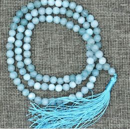 Chains 6mm Stone Buddhist Natural Aquamarine 108 Prayer Beads Mala Bracelet Necklace Jade Jewelry Crystal