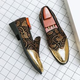 New Men Dress Leather Shoes For Male Gold Blue National Pattern Oxfords Classic Shoes