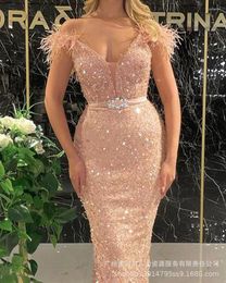 Party Dresses Women Sparkly Sequins Pink Evening Long 2023 Off The Shoulder Short Sleeves Prom Gown Sweetheart Glitter Robes