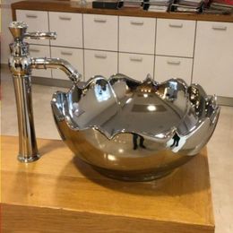 Ceramic wash basin bathroom hand basins silver/gold flower shape ceramic sinkgood qty Rvvnx