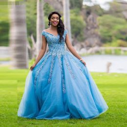 Blue Puffy Ball Gown Quinceanera Prom Dresses v neck Long Off Shoulder Appliques Tulle Woman Pageant evening Party Night Formal Dress