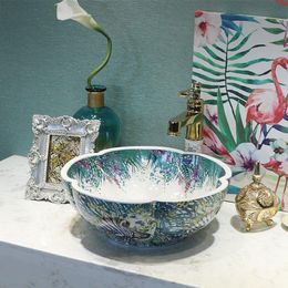 Home & Hotel Decor Artistic porcelain Wash Basin Ceramic Round Coutertop Bathroom Sink flower shapegood qty Xhlif