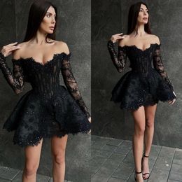 Sexy Black cocktail dress Sequins Lace Off Shoulder Short prom dresses Long Sleeves party homecoming Special Occasion dress