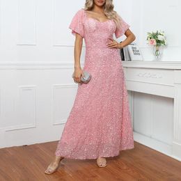 Ethnic Clothing Women Dress Pink Sexy Short Sleeve Sequins Fashion Background Long High Waist Loose Ankle Banquet Elegant Sweet Dress.