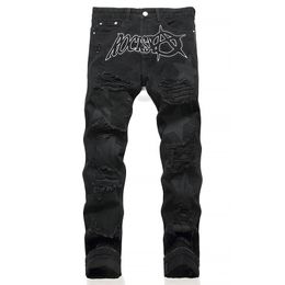 Jeans masculino preto com buraco rasgado casual folgado reto streetwear primavera outono calça jeans bordada