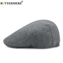 BUTTERMERE Grey Flat Cap Men Winter Woollen Beret Fitted Thick Warm Hat Female Retro Duckbill Cabbie French Style Hats Solid