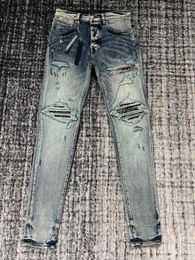Men's Jeans Brand Blue Wash Hole Colored Cashew Flower Patch Slim Fit Men 230625