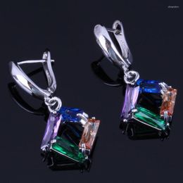 Dangle Earrings Gallant Quadrilateral Multigem Multicolor Brown Cubic Zirconia Silver Plated Drop V1016