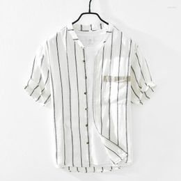 Men's Casual Shirts Men's Designer Stand Collar Striped Pure Linen Brand Men Comfortable Top Clothing Chemise Camisa Masculina