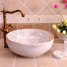 China Painting white peony Ceramic Painting Art Lavabo Bathroom porcelain wash basin Ecmwa