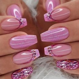 False Nails 24pcs Pink And Purple Glitter Sweet & Charming Reusable Mid-length Coffin Ballet Artificial Acrylic Nail