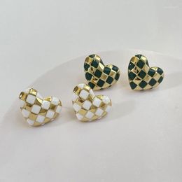 Stud Earrings White Gold Colour Checkerboard Heart For Women Elegant Plaid Ear Studs Love Earring Trend Jewellery Gifts