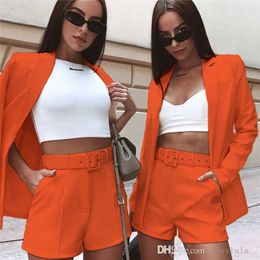 2023 New Style Summer Clothes Womens Solid Colour Suit And Shorts Two Piece Set Including Belt