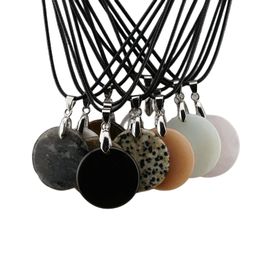 30mm Circular Shape Gemstone Pendant Necklace Various Different Crystal Gemstone Pendant Necklace with Black Rope Chain