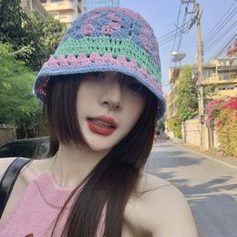 2023 Summer Women Handmade Crochet Bucket Hats Shopping UV Protection Fashion Beanies Bell Knitted Korean Style Panama Wholesale