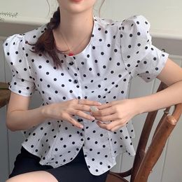 Women's Blouses Retro Elegant Contrast Colour Polka-dot Shirt Women 2023 Summer French Hepburn Style Tee Ruffled Temperament Short Top Female