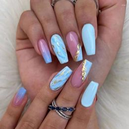 False Nails Wearable Fake High-End Blue Smudged Medium And Long Gold Foil Fragments Full Cover Nail Tips Set Press On DIY Tool