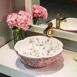 Flower and bird pink Colour Bathroom Lavabo Ceramic Counter Top Wash Basin Cloakroom Porcelain Vessel Sink wash basin sinkgood qty Tqfjt