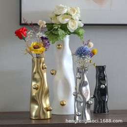 Vases Modern Nordic electroplated gold vase decorations light luxury high-end feel sample room living room dining table dry flow 230625