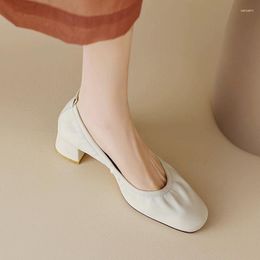 Dress Shoes Women's Pumps Soft Leather Boat Ruffles Slip On High Heels Pleated Office Lady Square Toe Spring Autumn 1399C