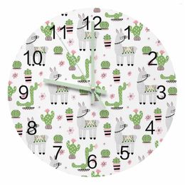 Wall Clocks Animal Alpaca Cactus Green Luminous Pointer Clock Home Ornaments Round Silent Living Room Bedroom Office Decor