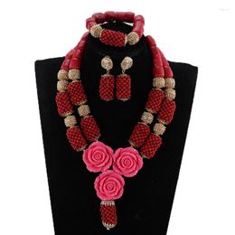 Necklace Earrings Set Gorgeous Red Coral African Beads Jewelry Flower Bib Statement For Brides Nigerian Women Jewellery CNR914