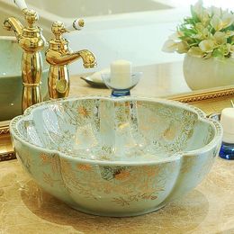 Grass pattern China Artistic Europe Style Counter Top porcelain wash basin bathroom sinks ceramic art luxury bathroom sink Xkmvr