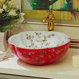 Red and white Jingdezhen Bathroom ceramic sink wash basin Counter Top Wash Basin Sinks bird flowergood qty Wohbn