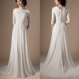 Ivory Champagne Modest Wedding Dresses With 3 4 Sleeves Beaded Lace A-line Chiffon Boho Informal Bridal Gown LDS Religious Wedding276k