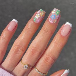 False Nails 24pcs Fresh Summer Fairy Flower Pattern Nail Art Fake With Green Blue Short Square Wearable Wearing Tools
