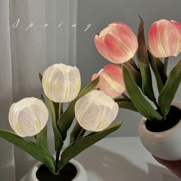 LED Tulip Lamp Night Simulation Flower Lamp Atmosphere Night Light with Pot Nightlights Tulips Table Lamp Room Decor