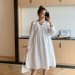 Dress 2022 Spring Long Sleeves Loose Maternity Fairy Dress Vneck Bow Collar Pregnant Woman White Dress Fashion Women Wedding Dresses