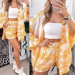 Women's Tracksuits Harajuku Pattern Print Beach Suit Fashion Flare Sleeve Cardigan Tops And Lace-up Shorts Outfits Women Casual Loose Two