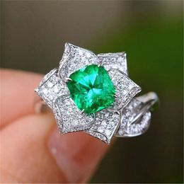 Wedding Rings women simulation Emerald tourmaline flower zircon diamon white gold plated platinum ring party jewelry birthday gift adjustable