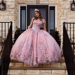 Pink Off The Shoulder Quinceanera Dresses Ball Gown Sleeveless Appliques Lace 3DHandmade Flowers Sweet 15 Party Wear