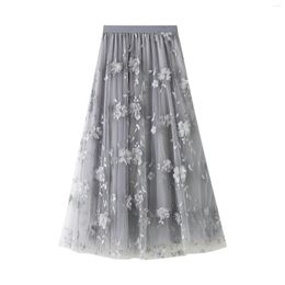 Skirts Women Tutu Tulle Skirt Elastic High Waist Casual 3D Flower Embroidery Solid Colour Midi Swing