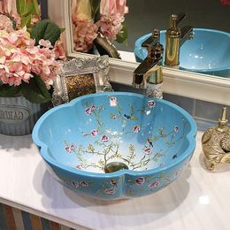 Home & Hotel Decor Artistic China Painting Ceramic Art Bathroom Vessel Sinks flower counter top hair wash basin plum blossomgood qty Blgbs