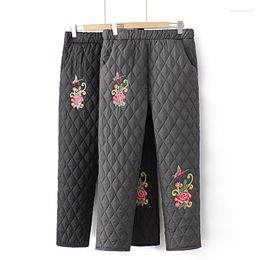 Women's Pants Women Clothing Winter Elastic Waist Embroidery Flowers Quilted Cotton Design Sandwich With Warm Trousers Pantalones