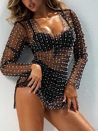 Casual Dresses Women Pearl Rhinestone Top Long Sleeve Crew Neck See-Through Pearls Slim Fit Summer Sexy Beach Cover-up Shirts (B Black S)