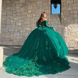 Quinceanera Emerald Green Dresses Off The Shoulder Long Sleeves Ball Gown Floral Flowers Appliques Lace Crystal Beads Corset For Sweet 15 Girls Party Wear