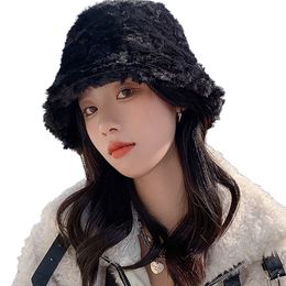 Fashion Faux Fur Fluffy Winter Bucket Hats for Women Girl Solid Thickened Soft Warm Fishing Outdoor Vacation Hat Lady Panama Cap