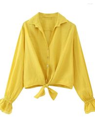 Women's Blouses SLMD 2023 Summer Women Yellow Print Lace-up Buttons Decoration Streewear Cropped Shirts