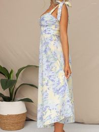 Casual Dresses Women S Flower Print Long Dress Summer Sleeveless Low-Cut Wide Shoulder Strap Party Sling (Apricot L)