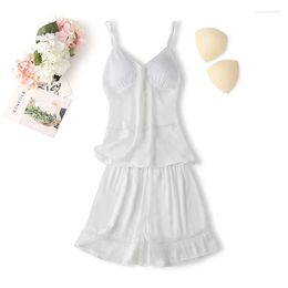 Women's Sleepwear White Satin Splicing Strap Top&Shorts Women Sleeveless Pyjamas Set Summer Sleep Femme Casual Pijamas Suit Home Clothes