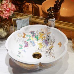 White China Artistic Handmade butterfly Ceramic Lavobo flower Countertop handmade ceramic small wash basin bathroom sinksgood qty Bkwij