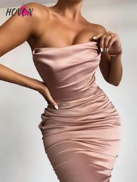 Dresses Hovon Strapless Sexy Satin Bodycon Party Maxi Dress Women High Split Backless Sexy Dresses Draped Night Club Long Dress Vintage