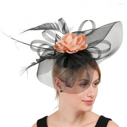 Berets Elegant Black Big Fascinator Hat Women Wedding Mesh Headwear Veil Champagne Flower Feather Races Hats For Lady Formal